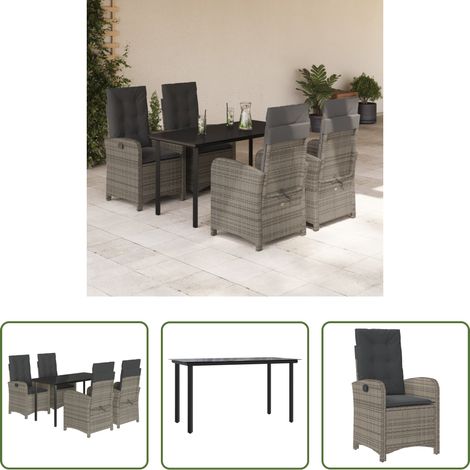vidaXL Gartenessgruppe - 5-tlg. Garten-Essgruppe mit Kissen Grau Poly Rattan (1/5)