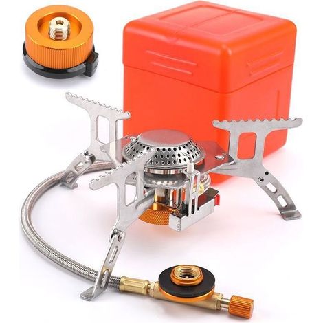 Réchaud à gaz de camping portable 3500W avec brûleur à gaz divisé, allumage électronique et conception coupe-vent pour cuisine extérieure et barbecue.