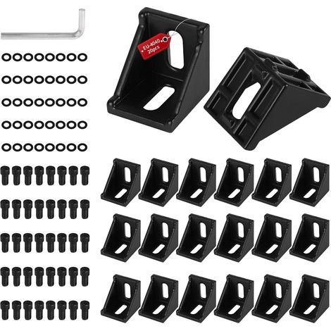 Lot de 20 raccords d'angle en aluminium 40 x 40 mm - Support mural d'angle de 90 ° - Rainure 8 pour profilé d'entretoise - Imprimante 3D, routeur CNC, projets de bricolage (noir) (1/5)