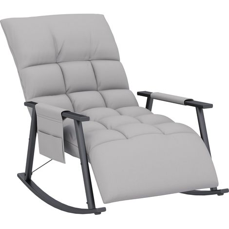 Fauteuil à bascule, dossier et repose-pieds réglables, poche latérale, revêtement en microfibre, structure en métal, gris