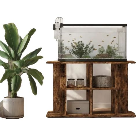 Supporto per acquario, in legno massello ingegnerizzato, design moderno e minimalista, colore marrone. (1/2)