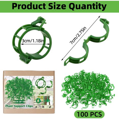 100 clips de support pour plantes, clips pour plantes de jardin, clips pour tiges de vigne et de fleurs, pour fixer tomates, fleurs, légumes, tiges, cages, ficelles, concombres, etc. (vert) (1/5)