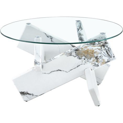 Table basse ronde en MDF et verre avec pieds imitation marbre blanc, diamètre 79 cm (1/5)