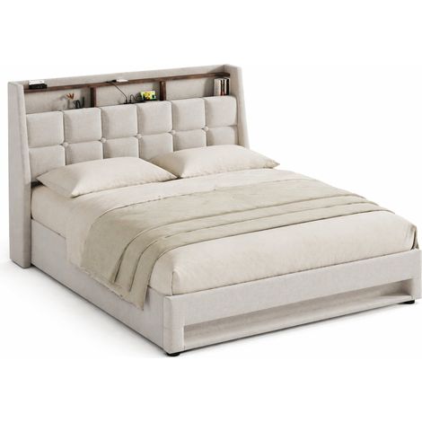 Lit double 140x200 avec LED, USB et coffre de rangement, cadre en tissu lin beige, sommier relevable et tête de lit rembourrée, style vintage - CHICFURN (1/5)