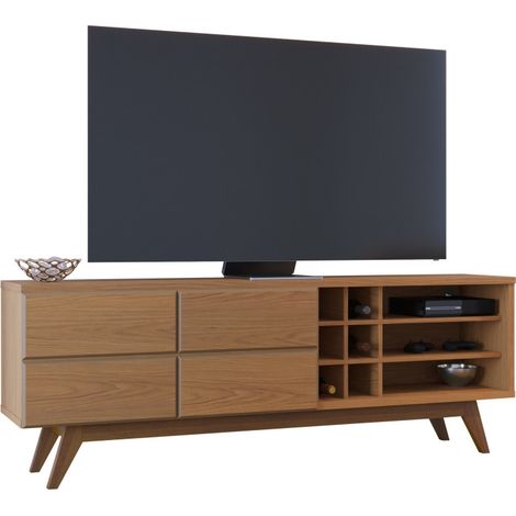 Meuble TV 75 Pouces Chêne Pieds Bois 2 Portes 11 Niches L 180 H 64.2 P 36.5 cm (1/5)