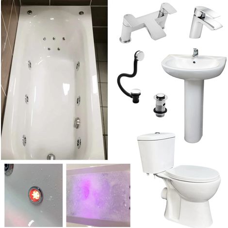 Complete Whirlpool Bathroom Suite Inc Imelda 1675mm Bath Toilet Basin and Taps, 11 Jets + Light