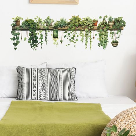 Lot de 2 autocollants muraux en vinyle à motifs de plantes vertes naturelles, amovibles et faciles à décoller et à coller, pour étagères, salon (1/5)