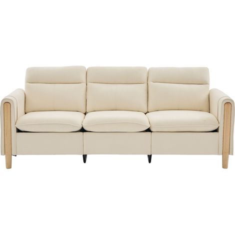 Divano a L a 3 posti in chenille beige con pouf contenitore e tasche laterali, gambe in legno (1/5)