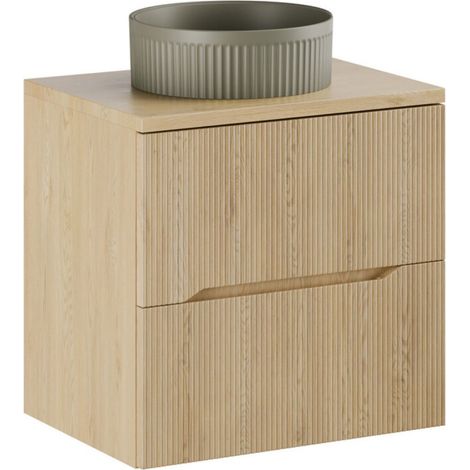 Badezimmer-Set NATURA 60cm: Unterschrank + Platte für Waschbecken + rundes, gerilltes, kaki-grünes Aufsatzwaschbecken