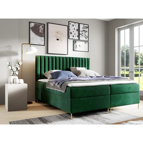 Sofello Boxspringbett JILL 160 x 200cm mit Bettkasten TOPPER 5cm Gratis Grün Velour hohe goldene Beine (1/5)
