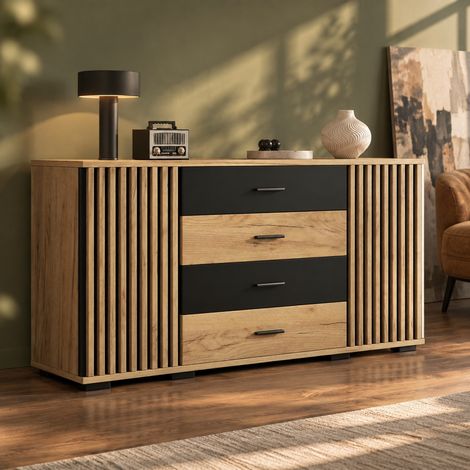 Buffet 140 x 35 x 70 cm en MDF, 4 tiroirs, 2 portes, noir et bois naturel DESVIAE (1/5)