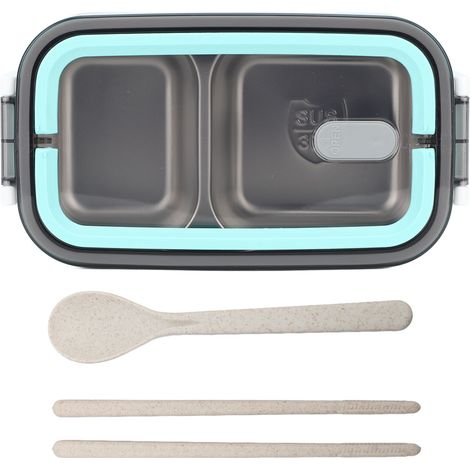 Boîte à bento 2 compartiments 1400 ml, isotherme en acier inoxydable, compartiments étanches, idéale pour le bureau (vert). (1/5)
