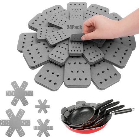 Confezione da 24 divisori antiscivolo in feltro riutilizzabili, disponibili in 4 diverse misure, per evitare graffi quando si impilano le pentole. (1/5)