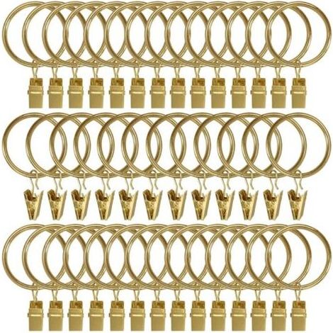 Lot de 40 anneaux de rideau en métal avec clips, crochets pour rideaux, crochets décoratifs pour tringle à rideau, œillets de 3,8 cm de diamètre intérieur, placage antirouille couleur or (1/5)