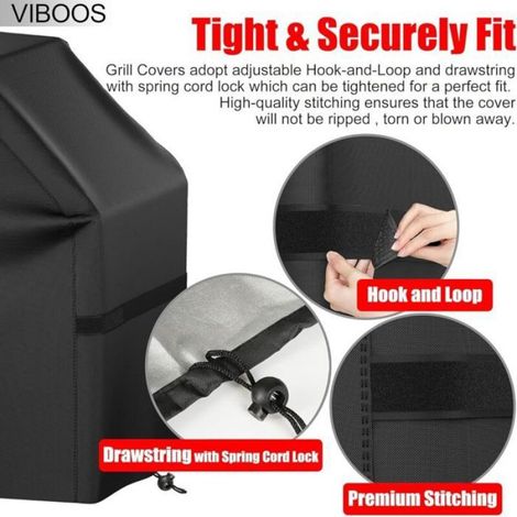 Housse de protection pour barbecue à gaz extérieur 147 cm, imperméable indéchirable avec sangles et cordon de serrage, noir (1/5)