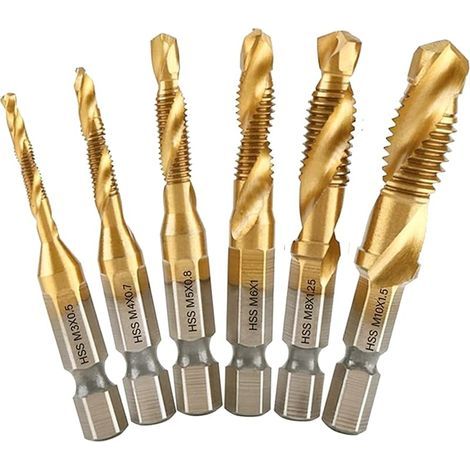 6 Pièces HSS Jeu de Forets à Tarauder, Taraud à Main à Tige Hexagonale Revêtu de Titane, M3 M4 M5 M6 M8 M10 Vis à Bouchon Métrique Pointe en Spirale, Outil de Perçage 1/4" à Changement Rapide (1/5)