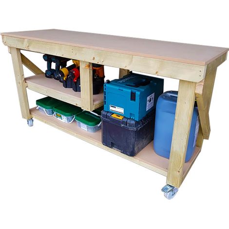 Industrial Wooden MDF Workbench With Half Shelf For Multi Storage, 4ft (120cm) With wheels (1/4)