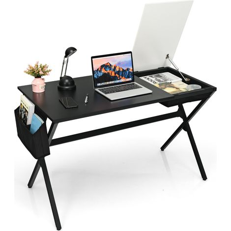 COSTWAY Mesa Gaming 120 x 60 cm, Mesa Escritorio con Cajón de Cubos y Bolsa de Almacenamiento Lateral, Escritorio Ordenador Despacho Oficina, Negro (1/5)