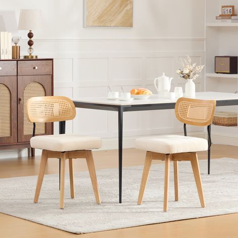 Pour vos repas et coiffeuse rotation 360° fluide lot 2 chaises de table dossier rotin assise chenille beige (1/5)