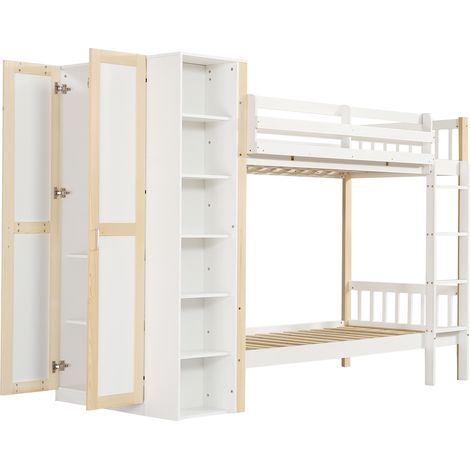 Lit superposé, lit enfant avec protection antichute et barrières, avec échelle à 4 marches, 6 étagères ouvertes, armoire latérale, grand espace de rangement, pin+PB, blanc+naturel, 90x200cm (1/5)