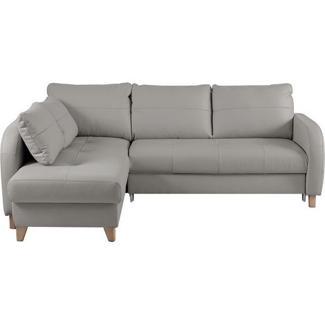- Canapé d'angle convertible en cuir de luxe italien , 5 places CONFORIA, gris clair, angle gauche (1/4)
