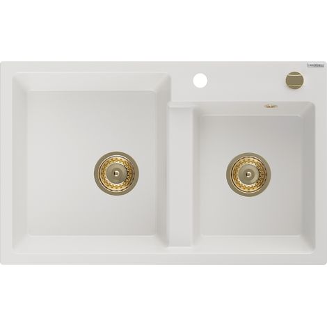 Mexen Tomas fregadero de granito de 2 compartimentos 800 x 500 mm, blanco, sif贸n dorado - 6516802000-20-G
