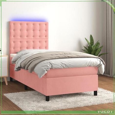 Lit tapissier avec matelas et LED - Modèle 7291712411410 - Velours rose - 90x190 cm - Sommier à lattes (1/5)