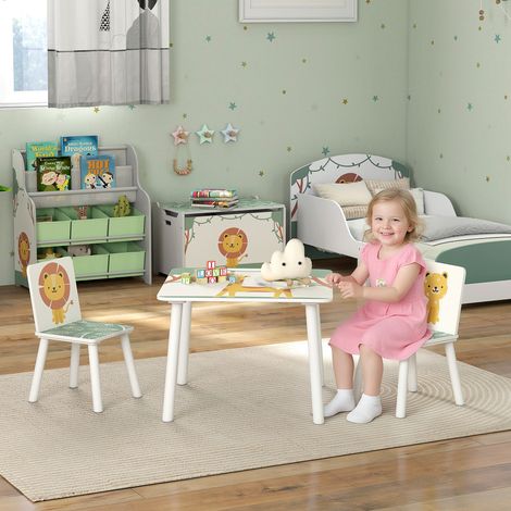 Ensemble de mobilier pour chambre d'enfant comprenant une table et deux chaises pour les enfants de 3 à 8 ans, motif animaux. Vert.