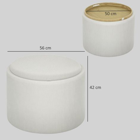 Pouf coffre à couvercle, tabouret rond rembourré, repose-pieds en velours côtelé, table d'appoint blanche crème, 56x56x42 cm (1/5)