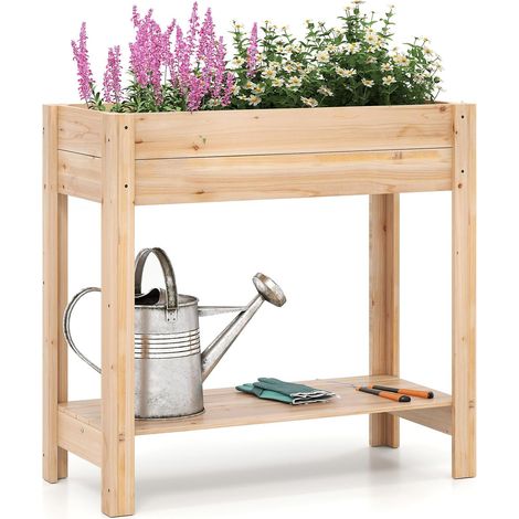 GOPLUS Jardinières Exterieur Surélevée en Bois, Carre Potager avec Étagère de Rangement Inférieur, Lit de Jardin en Hauteur, Base à Lattes, Peinture DIY, pour Extérieur et Intérieur, Jardin et Balcon (1/5)