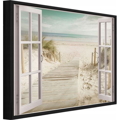 Gerahmtes Leinwandbild mit schwarzem Rahmen, 3D-Fenster zum Meer und Strand für Wohnzimmer und Schlafzimmer, hochauflösender Druck, 60 x 40 cm
