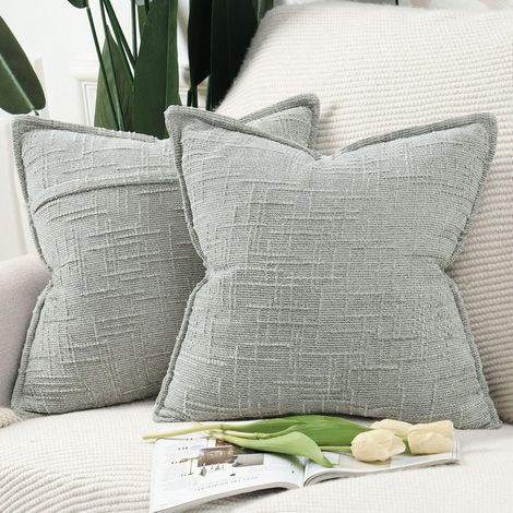Juego de 2 fundas de cojín decorativas de chenilla, 45 x 45 cm, para sofá, sillón, estilo bohemio, cojín decorativo para cama, gris claro.