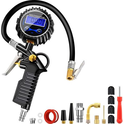 Manometro digitale per pneumatici, display LCD multifunzione ad alta precisione, manometro per pneumatici, pistola gonfiatrice da 220 PSI con 15 accessori per auto, moto, bicicletta, SUV (1/5)