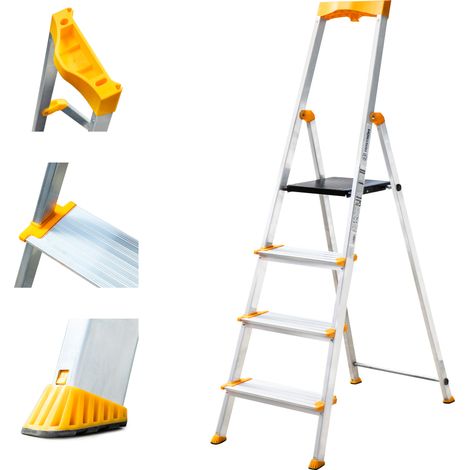HOSTROM Scala 4 gradini in alluminio, sgabello pieghevole con porta-attrezzi, gradini larghi 12 cm, uso domestico e professionale, garanzia 5 anni