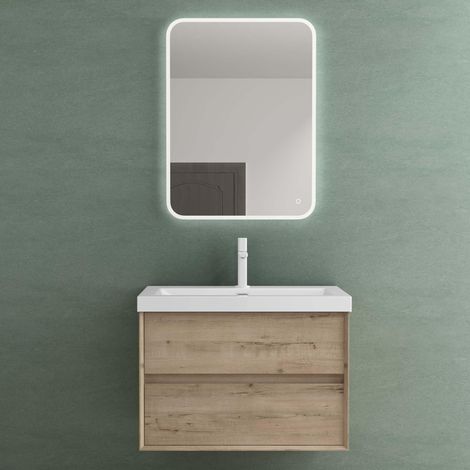 Mai & Mai Badmöbelset Badezimmermöbel Waschbeckenunterschrank 2 Schubladen mit Soft-Close inkl. Waschbecken aus Mineralguss und LED-Badspiegel Eiche Greige 76,5 cm Rimo