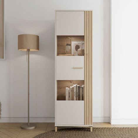 Vitrina Mondaino, mueble expositor 4 estantes, una puerta, 4 compartimentos, 60x40x193h cm, marrón roble con nudos (1/5)