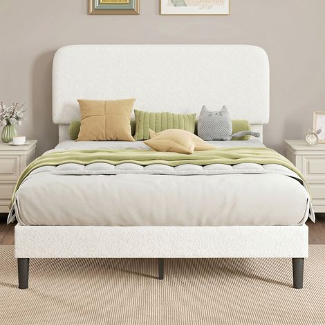 Cadre de Lit 140x190cm avec Sommier. Tête de Lit Réglable. Lit Double Rembourré en Velours Teddy. Lattes en Métal. Blanc