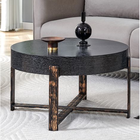 Table basse ronde 68x68x39 cm noire, piètement croisé en métal, plateau MDF effet bois, MEUBLIV (1/5)