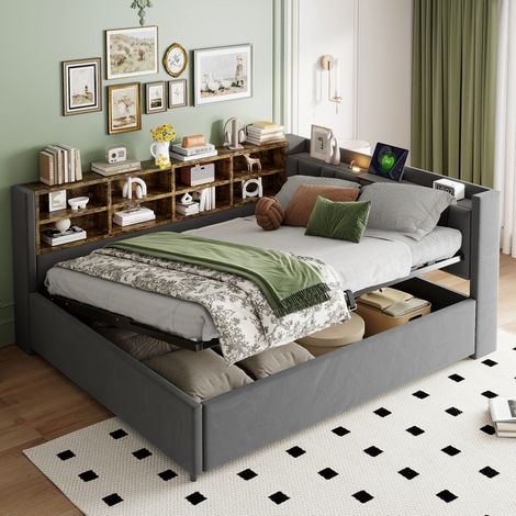 Cama dormitorio 140x200 con almacenaje y USB gris OKMYHOME (1/5)