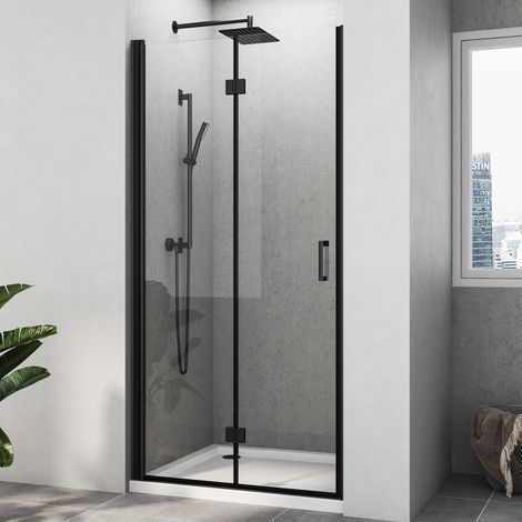 Nischentür Duschtür 90x195 cm Schwarzer Duschabtrennung Duschkabine Falttür Nische Drehfalttür Dusche 6mm NANO ESG Glas Faltbar Duschwand
