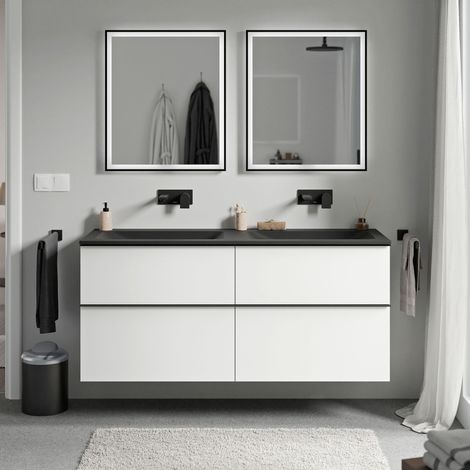 BERNSTEIN - Mobile lavabo sospeso MDF Bianco opaco, lavabo Ghisa senza foro rubinetto e maniglia Nero opaco - 140x46x62cm - LAVOA	Bianco opaco, Nero opaco, Nero opaco senza foro per rubinetto