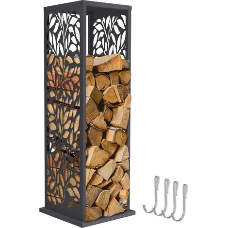 ML-Design Range-bûches vertical en acier galvanisé 37,5 x 37,5 x 112 cm, intérieur et extérieur, motif de feuilles, support colonne rangement bois de chauffage cheminée, 4 crochets, anthracite mat (1/5)
