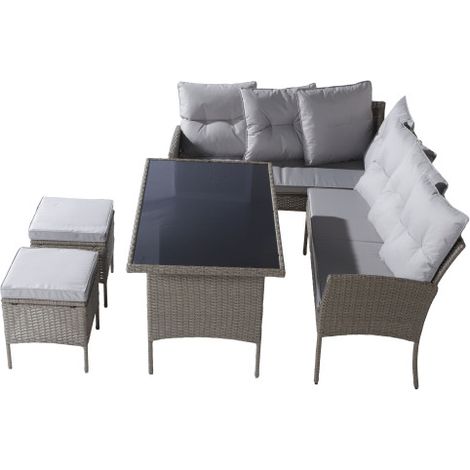 Ensemble Salon de Jardin Résine Tressée 7 Places Canapé Table Poufs Coussins Amovibles Lavables Salon de Jardin Encastrable Khaki (1/5)