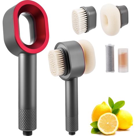 Pommeau de douche 3 en 1 avec 2 brosses de nettoyage magnétiques et filtre à charbon actif en carbone, élimine le chlore, le calcaire, les bactéries et les métaux lourds (gris) (1/4)