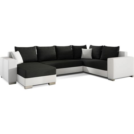 Canapé U convertible tissu noir et simili blanc coffre de rangement à gauche Marry 321cm (1/5)