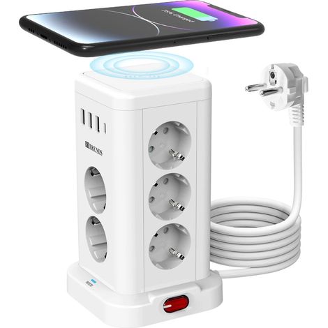 Carte d'alimentation intelligente 15 en 1 avec prise UE standard 3680 W, prise 11AC, ports de charge 3USB-A et 1USB-C, câble d'extension de 2 mètres, Blanc