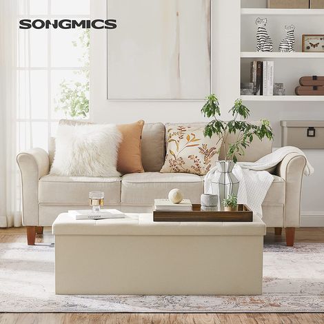 Baúl plegable, contenedor de almacenamiento, máximo alcance estático de 300 kg, con divisor, 120 L, 110 x 38 x 38 cm, imitación de lino, beige