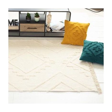 Atmosphera – Tapis kilim en coton ivoire 120 x 170 cm – Motif tufté – Franges décoratives – Pour salon et chambre (1/10)