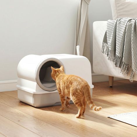 Lettiera per gatti di grandi dimensioni in PP, con coperchio e paletta, 59 x 39,5 x 39,5 cm, grigio chiaro.