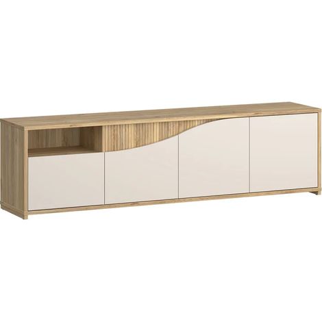 Meuble TV 204 cm décor tasseaux bois et sable avec vagues - RIVAGE